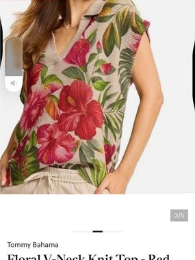 Tommy Bahama Red Floral V-Neck Knit Sweater Top